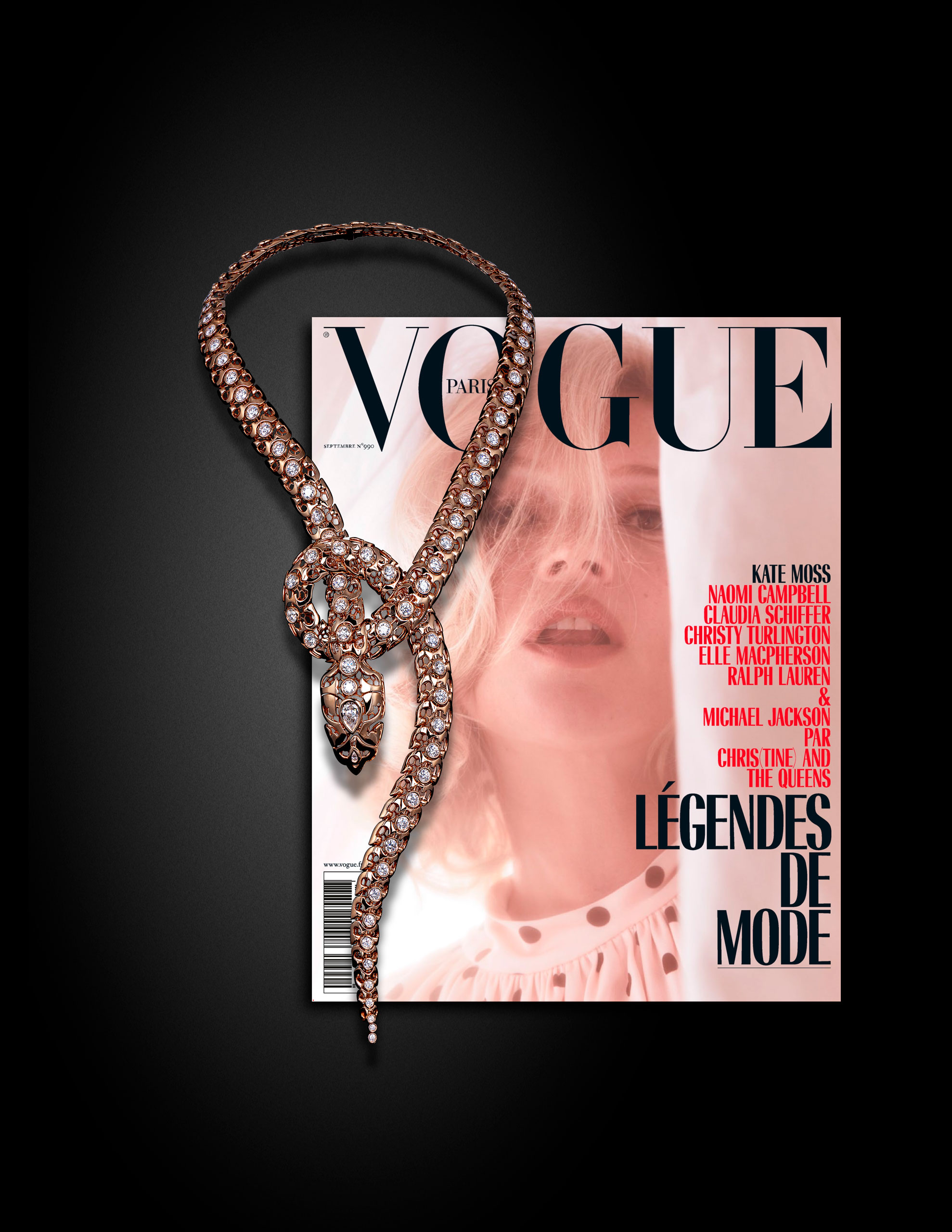 Photo of the pink gold serpentes necklace featured in the 2018 September edition N°990 of Vogue Paris